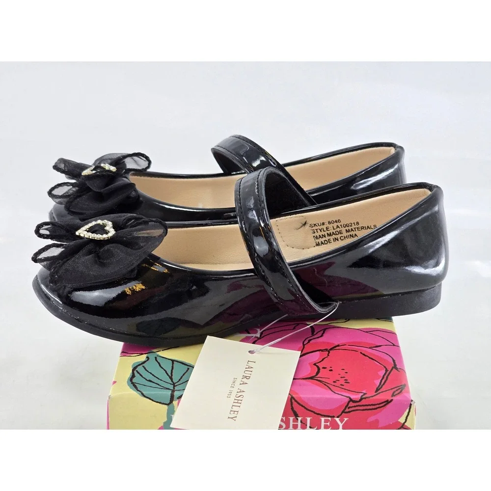 Laura Ashley Dress Shoes Girls Size 11 Black Patent Bow Heart LA100218 - New
